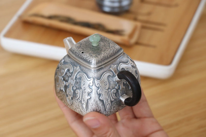 Pure Silver Teapot Square Retro Style Taotie For Sale | KatanaSwordArt Japanese Katana